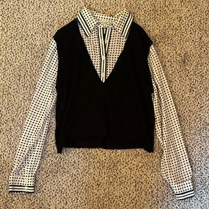 Max Studio Black & White Layered Button-Down V-Neck Top